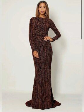 TALBOT RUNHOF Couture 16 46 COPPER JERSEY LONG SLEEVE GOWN Metallic Shimmer!